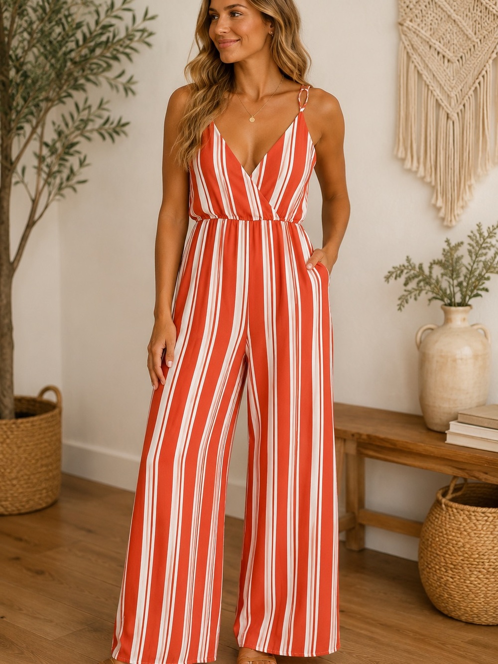 Rue21 Coral and White Striped Wide-Leg Romper Jumpsuit